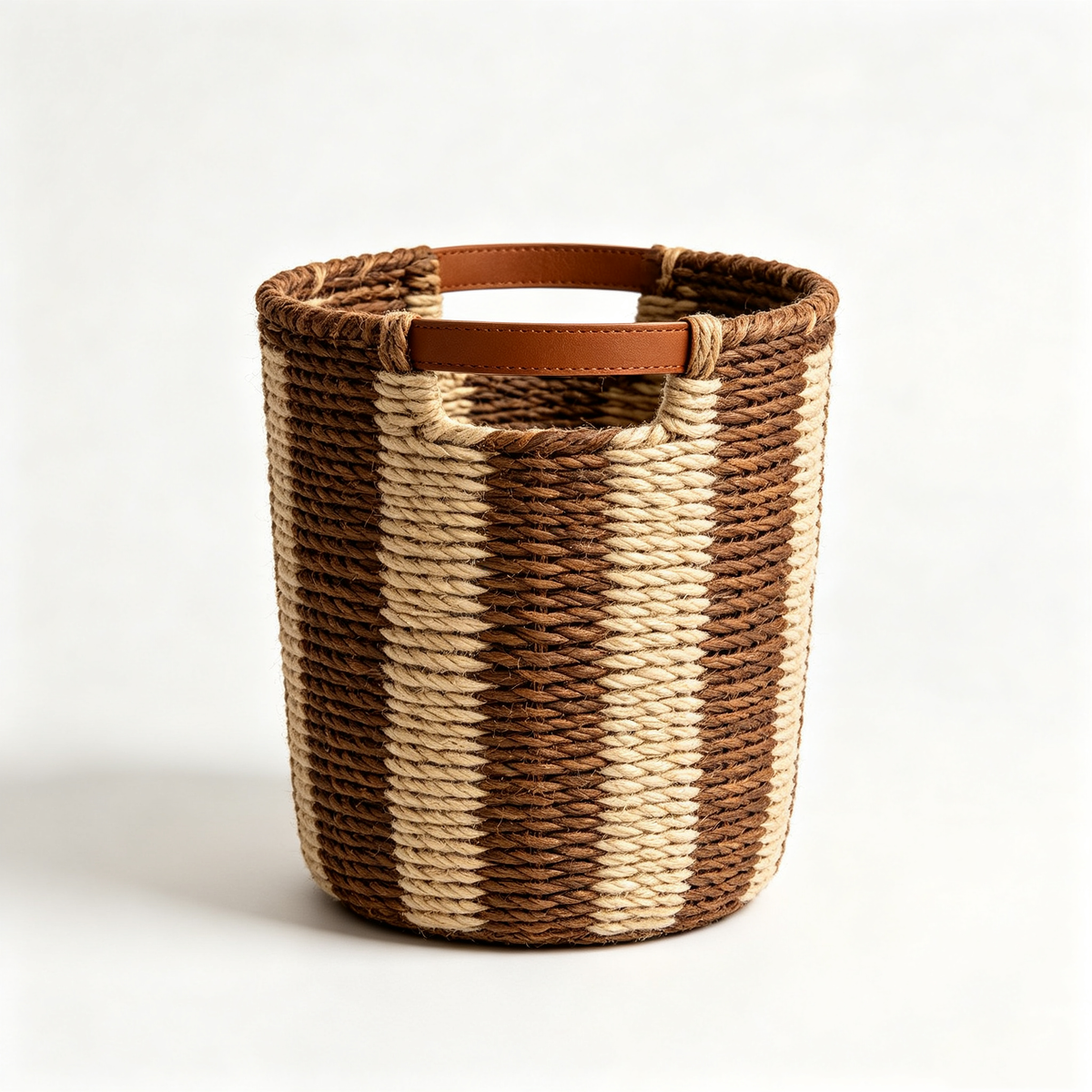 Striped Rope Storage Basket with Leather Handles #B5