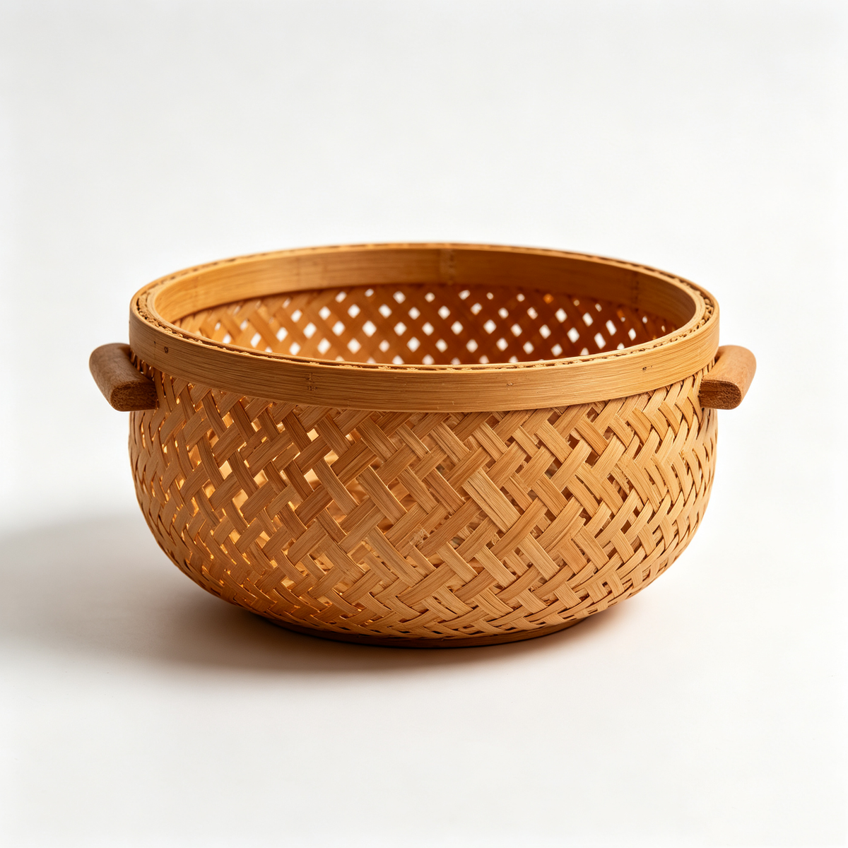 Round Bamboo Storage Basket with Wooden Side Handles #B6