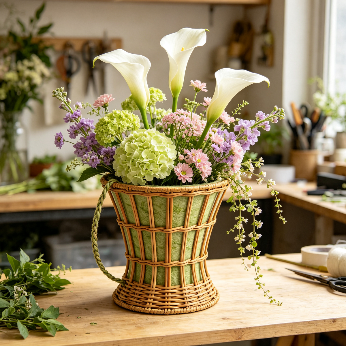 Hourglass Wicker Flower Basket with Braided Rope Handle #B2
