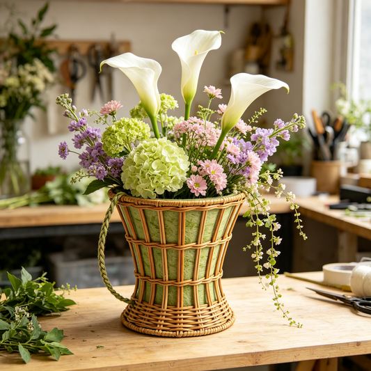 Hourglass Wicker Flower Basket with Braided Rope Handle #B2