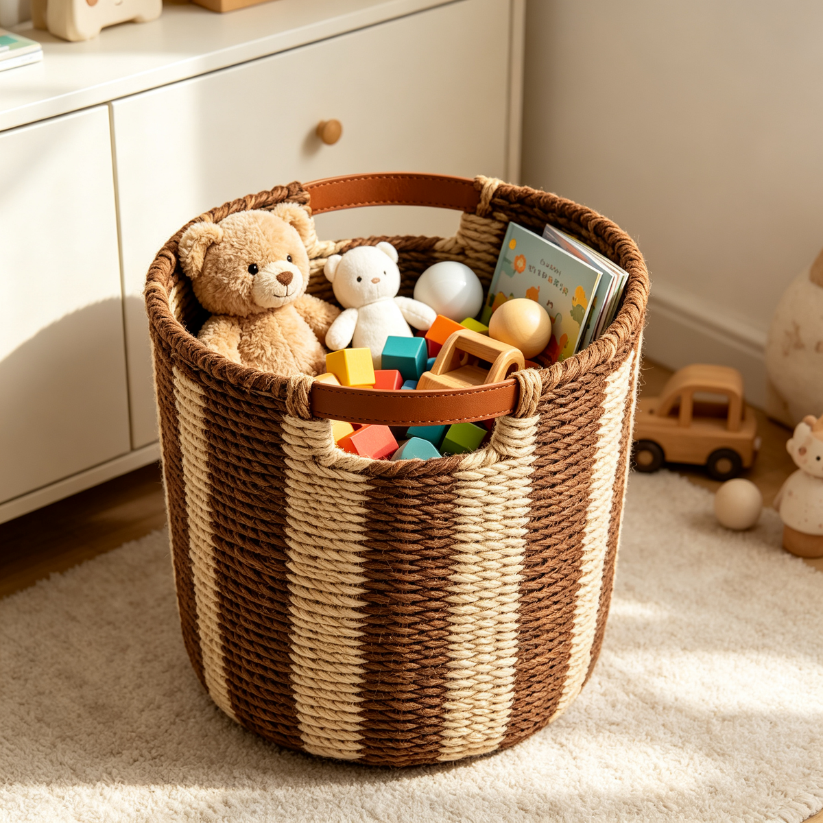 Striped Rope Storage Basket with Leather Handles #B5