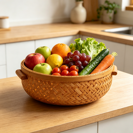 Round Bamboo Storage Basket with Wooden Side Handles #B6