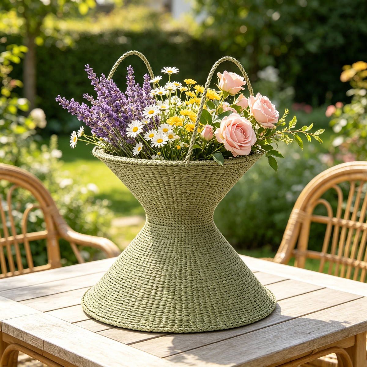 Hourglass Woven Flower Basket with Dual Rope Handles #B7