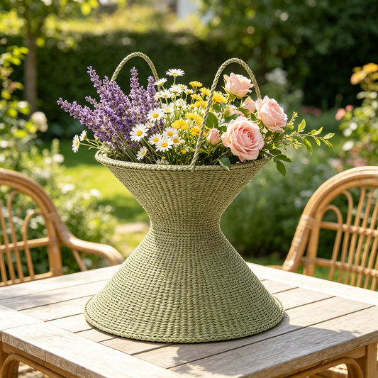 Hourglass Woven Flower Basket with Dual Rope Handles #B7