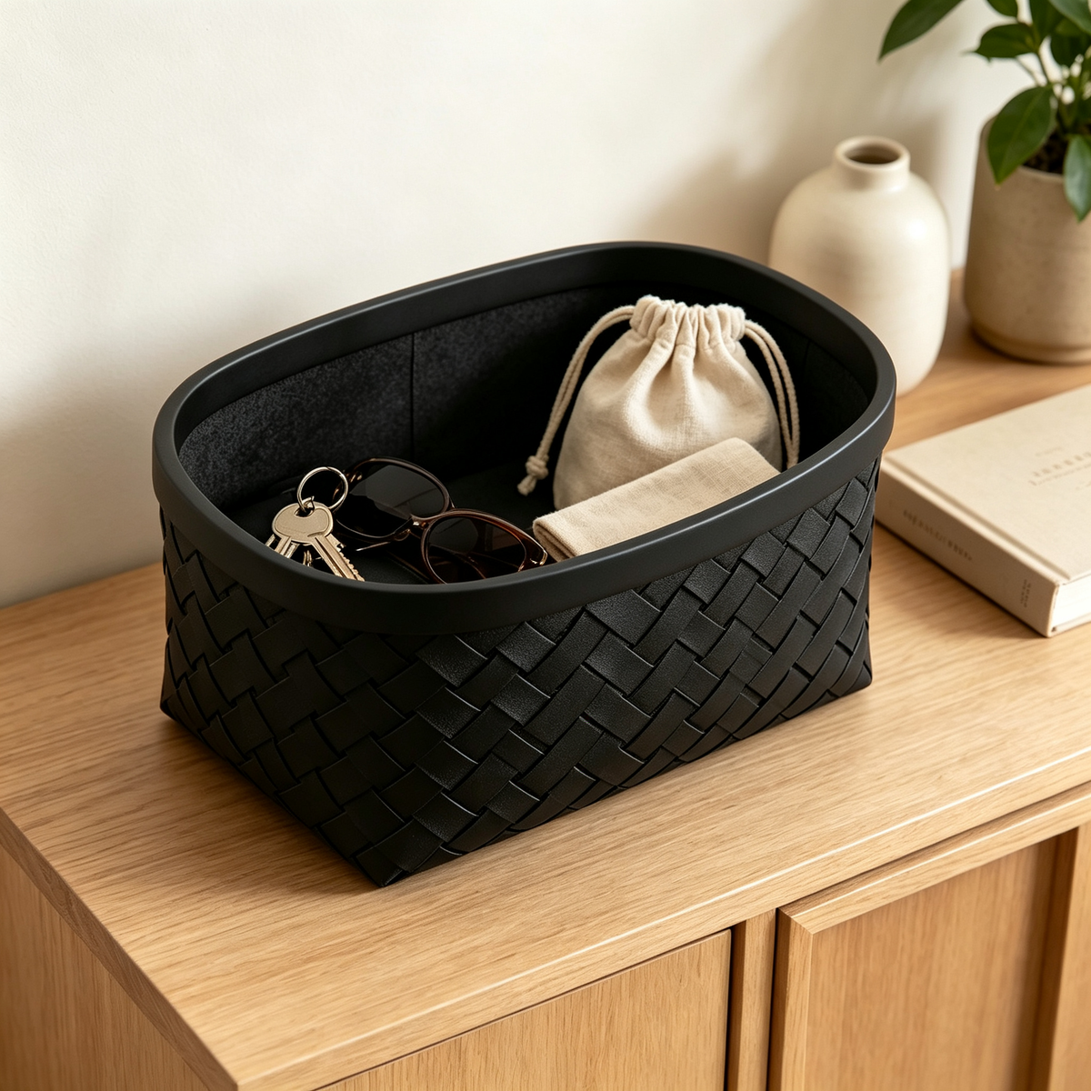 Oval Woven Storage Basket with Black Rim #B8