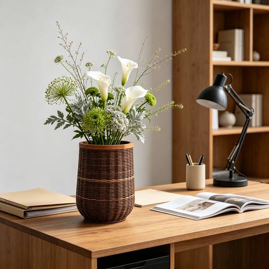Tall Cylindrical Rattan Flower Basket with Wooden Rim #B9