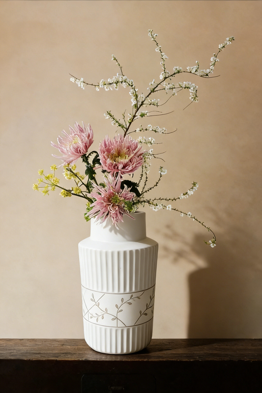 White Ribbed Flower Vase #V148