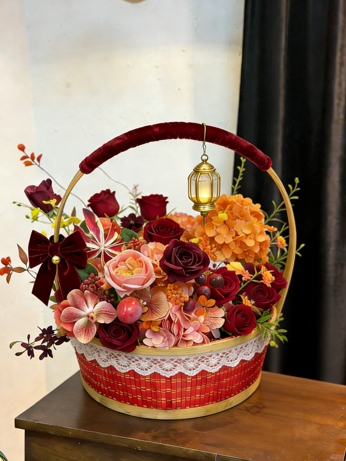 Red Flower Basket with Handle #B6