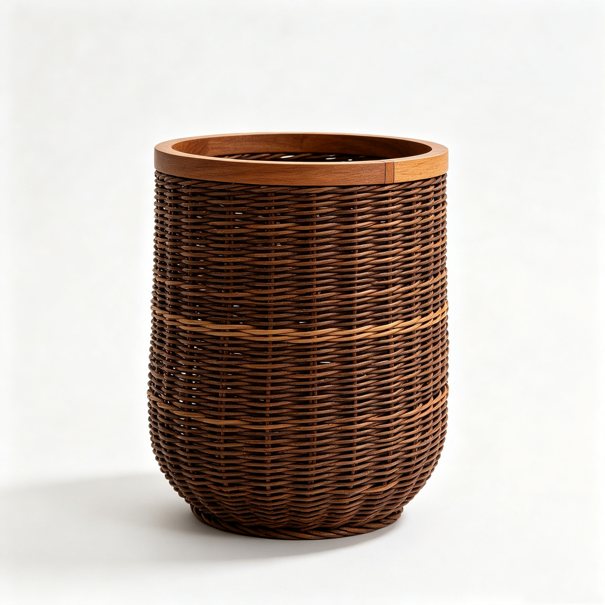 Tall Cylindrical Rattan Flower Basket with Wooden Rim #B9